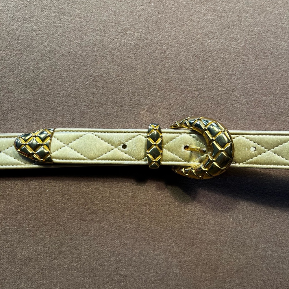 Elegant Quilted Gold Leather Belt with Gold Accents
